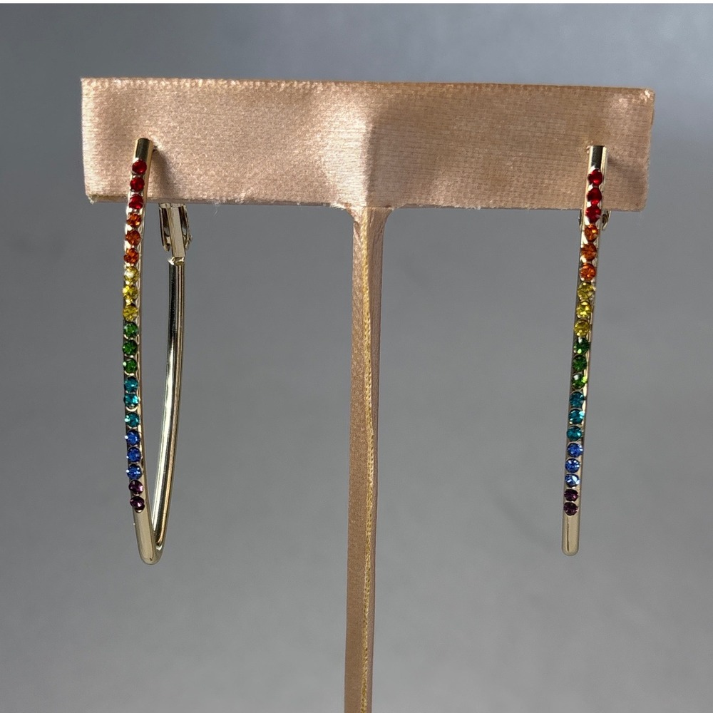 Gold Rainbow Crystal V-Shape Hoop Earrings Geometric Pride Pointed Large Hoops